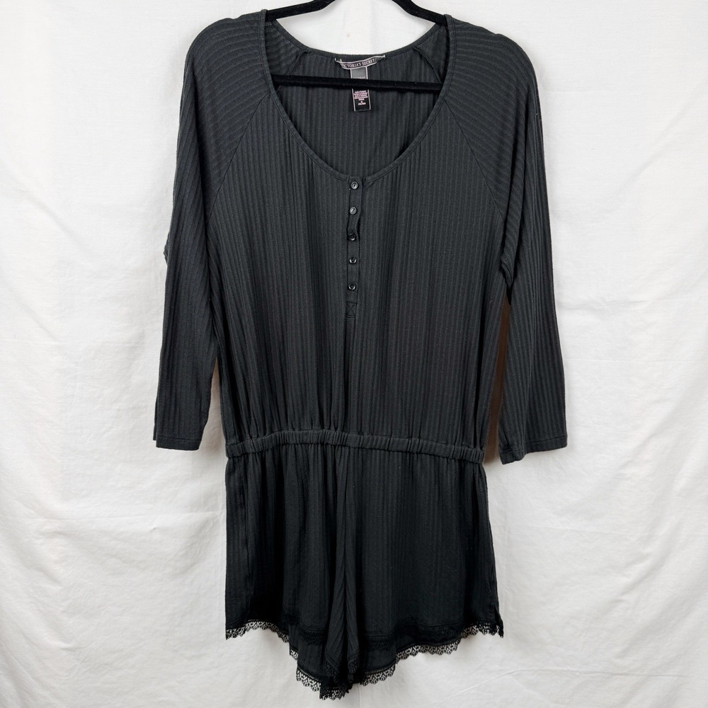 Victoria's Secret Black Ribbed Lounge Romper Women's Size Medium Lace Trim